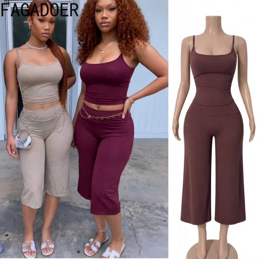 FAGADOER INS Trendy Women 2 Piece Set Spaghetti Strap Tank Top High Waist Capri Pants Bodycon Casual Sporty Streetwear Outfit