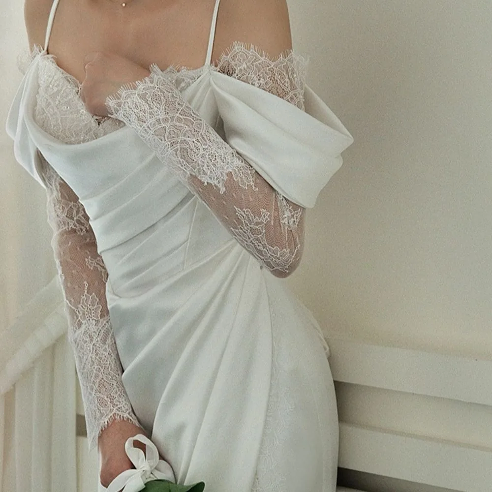 PJN 2025 NEW Long Sleeve Wedding Party Dress Bride White Satin Lace Snapshot Dresses Women Formal Cocktail Long Evening Dress