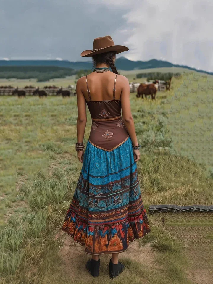 

Summer Bohemian Style Beach Vacation Dress Elegant Sleeveless Hollow Out Maxi Dress Vintage V-neck Pattern Printed Halter Dress