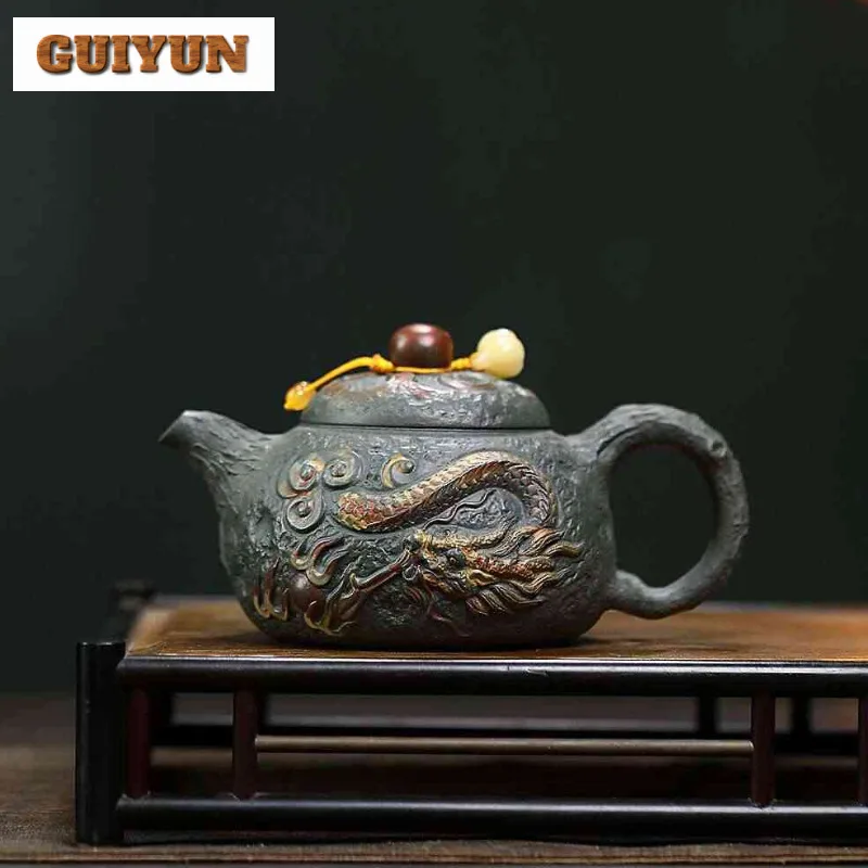 

300 мл Исин Фиолетовые глиняные чайники Ручной работы Dragon Pot Сырая руда Темно-зеленый грязевой чайник с ситечком Чайный сервиз Zisha Craft