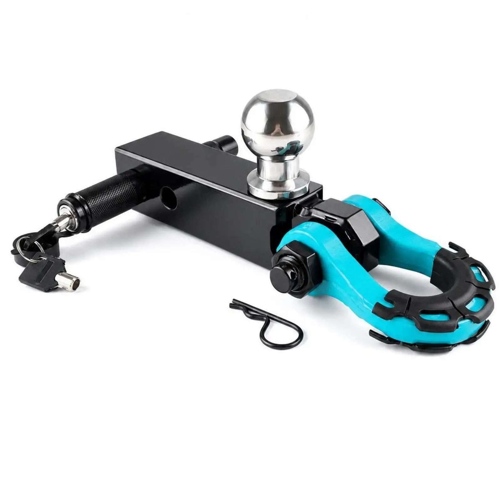 Vehicle Trailer Hitch Ball and Shackle Combo Aluminum Mount Locking Pin Design for Towing and Recovery