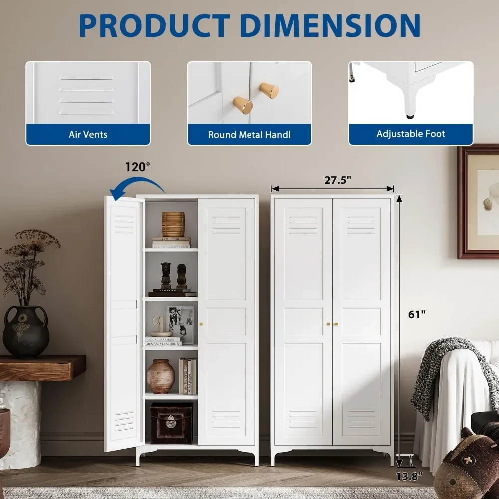 Armário de armazenamento de metal - Armários de arquivo de aço de 51" de altura com portas e 4 prateleiras ajustáveis - Armário de armazenamento de aço branco
