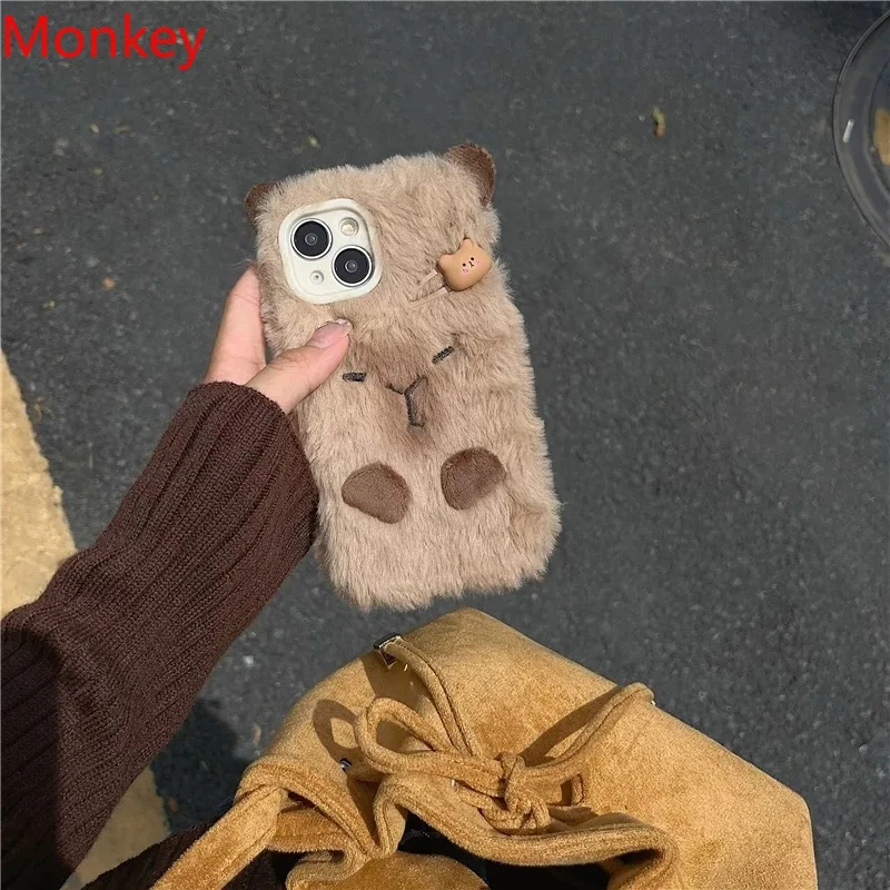 Ins Korean Cute 3D Capybara Miękkie etui na telefon do iPhone\'a 16 Pro Max Etui 15 Plus 14 13 12 11 Futrzana puszysta pluszowa silikonowa osłona