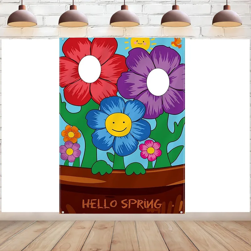 Flower Photo Door Banner Hello Spring Party Decoration Floral Face in Hole Banner for Boys Girls Spring Birthday Party Supplies