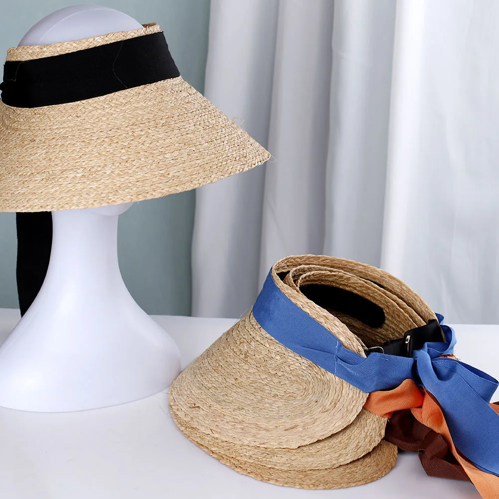 Tampa superior vazia 100% RAFFIA balde chapéus senhoras cap chapéu de palha dos homens arco Chapéu de Praia chapéu de noiva chapéus das mulheres para o sol Chapéu Ao ar livre