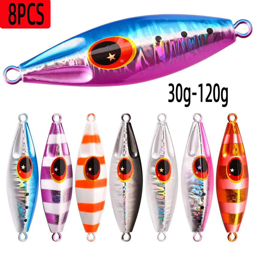 8pcs/lot Metal Jig Fishing Lure Weights 30g-120g Fishing Jigs Saltwater Lures Bass Isca Artificial Fake Fish Glitter Holographic