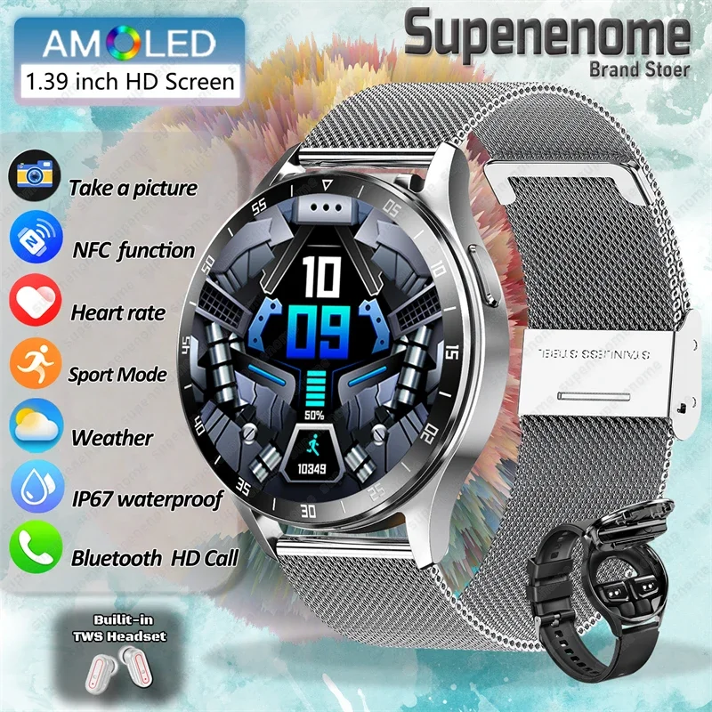 2024 New TWS Music Talk NFC Smartwatch Earphone 2 In 1 Men Smart Watch with Earbuds 4 Hours Of Strong Sound Effects Music Lover