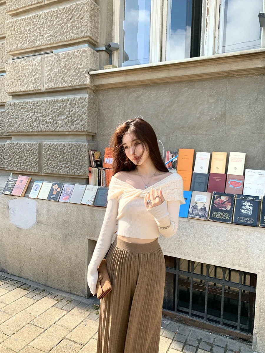 

Женский шерстяной вязаный свитер Achi с открытыми плечами, облегающий свитер из мягкого полиэстера, нейлона, акрилового волокна, длинный топ све