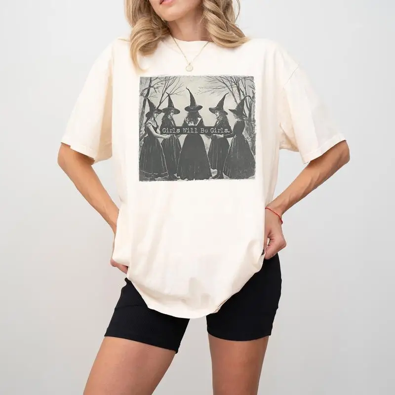 

Vintage Girls Will Be Girls Witch Comfort Colors Shirt, Funny Witch Vintage Shirt, Vintage Halloween Women Shirt, Witchy Vibes S
