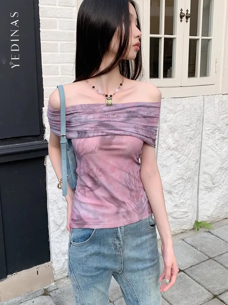 

Yedinas Purple Tie Dye Off Shoulder Women T Shirt Short Sleeve Fairycore Style 2023 Summer Mesh Tops Tee Shirt Femme Chic Tshirt