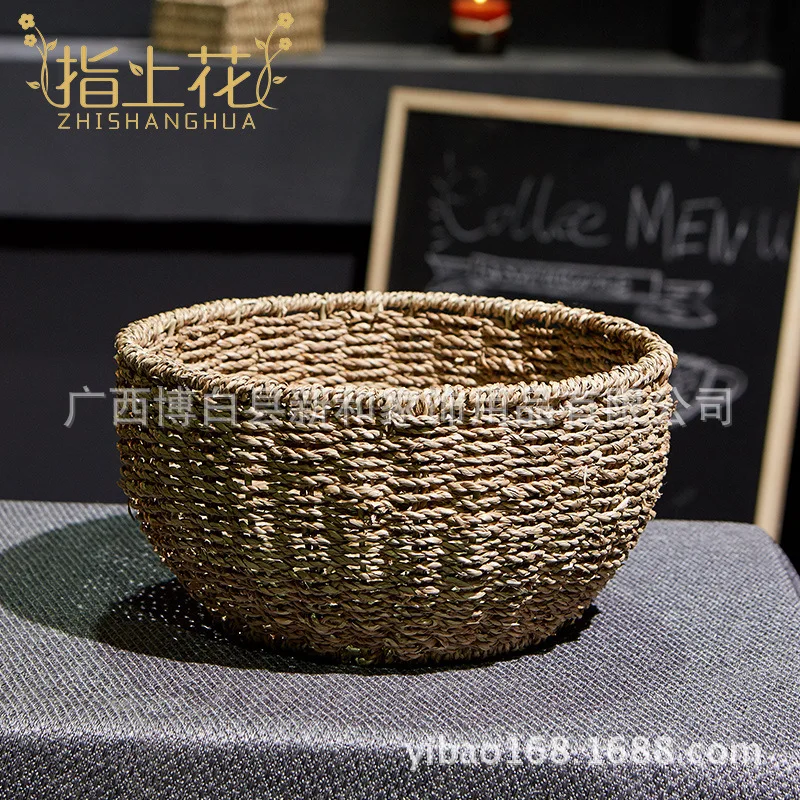 

Wholesale pastoral grass woven storage basket desktop snack rattan woven basket storage box kitchen miscellaneous sorting storag