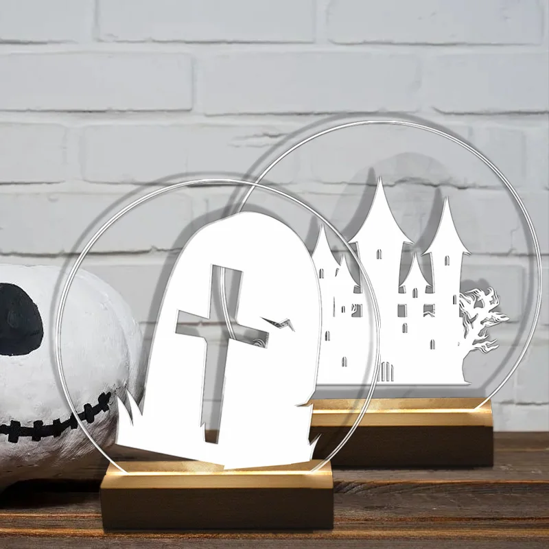 Cute Cartoon Color Changing LED Lights Mischievous Ghost Skull Pumpkin Bat Castle Grave Halloween Decoration Lamp for Home