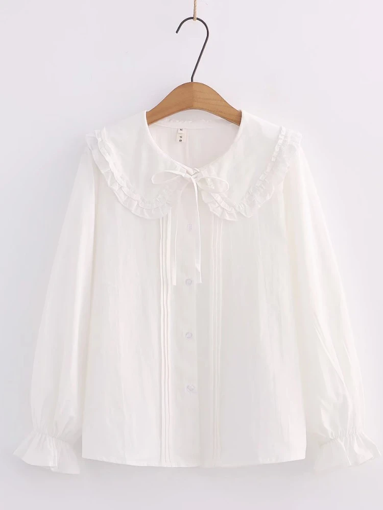 2023  Lolita Style Women White Cotton Shirt Long Sleeve Peter Pan Collar Pink Bowknot Chiffon Blouse  JK School Uniform Top