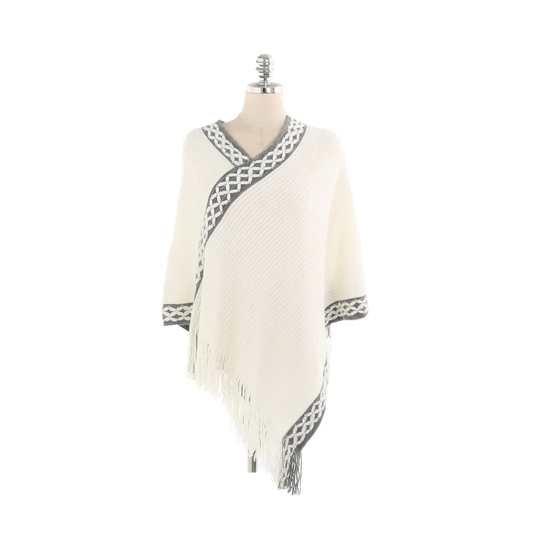 2025 Spring Autumn Embroidered Neckline Solid Color Imitation Cashmere Warm Pullover Shawl Scarf Cloak Lady Poncho Capes White