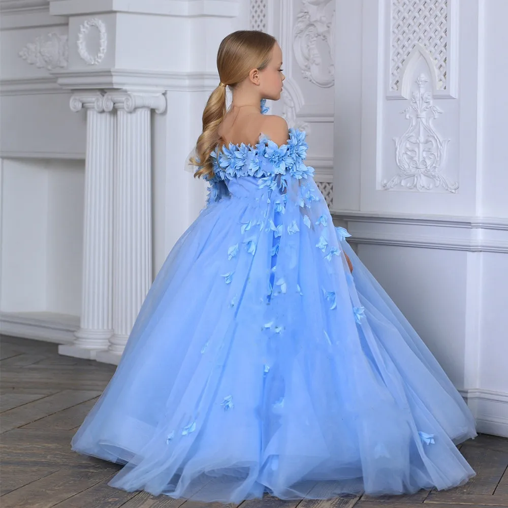 Abiti da ragazza di fiore rosa blu per matrimonio con tulle floreale con spalle scoperte Festa di compleanno per bambini Prima comunione Abito da ballo di Natale