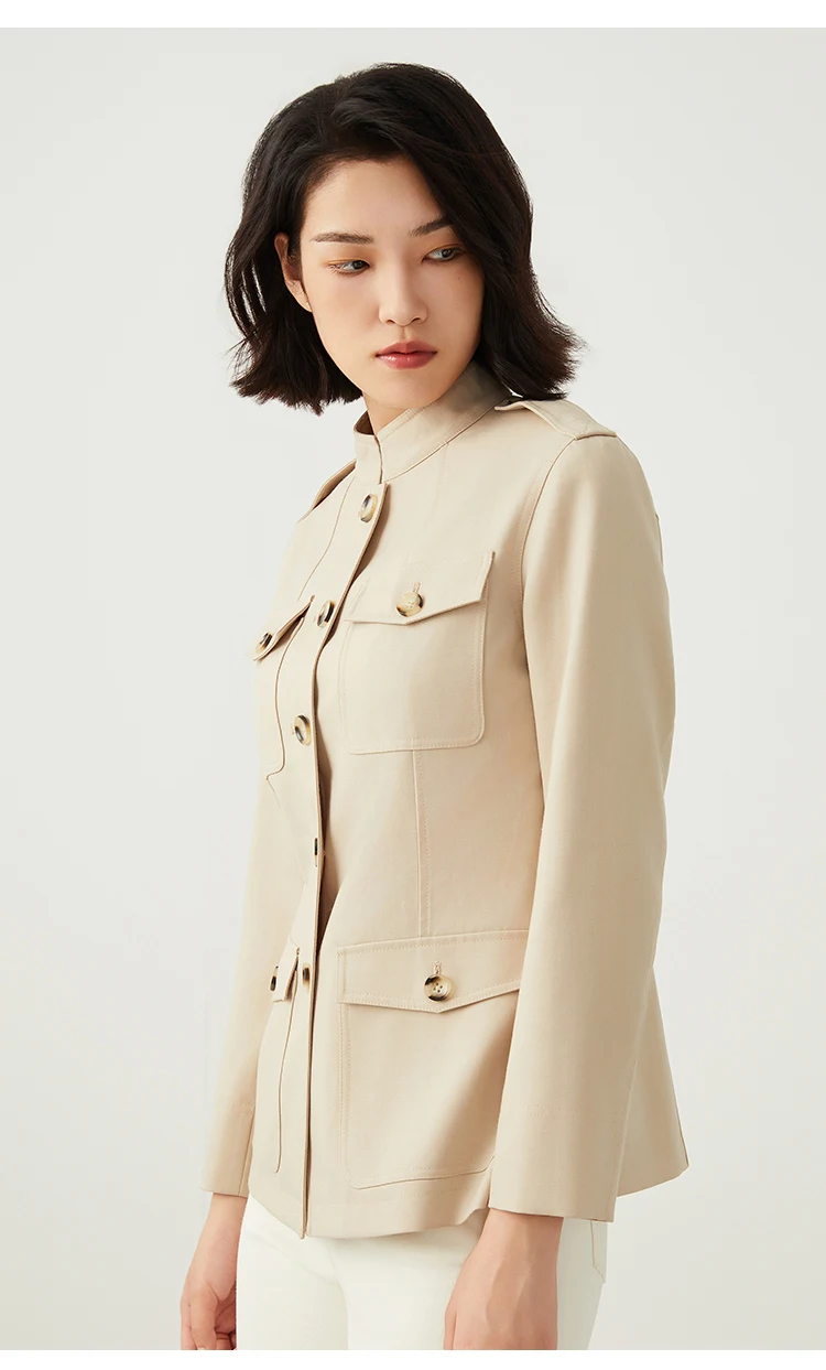 K2540W Luxuriöse Damen-Militärjacke aus Strukturiertem Wollmischgewebe mit Stehkragen, Tailliertem Schnitt und Eleganter Oberbekleidung – Detail 11