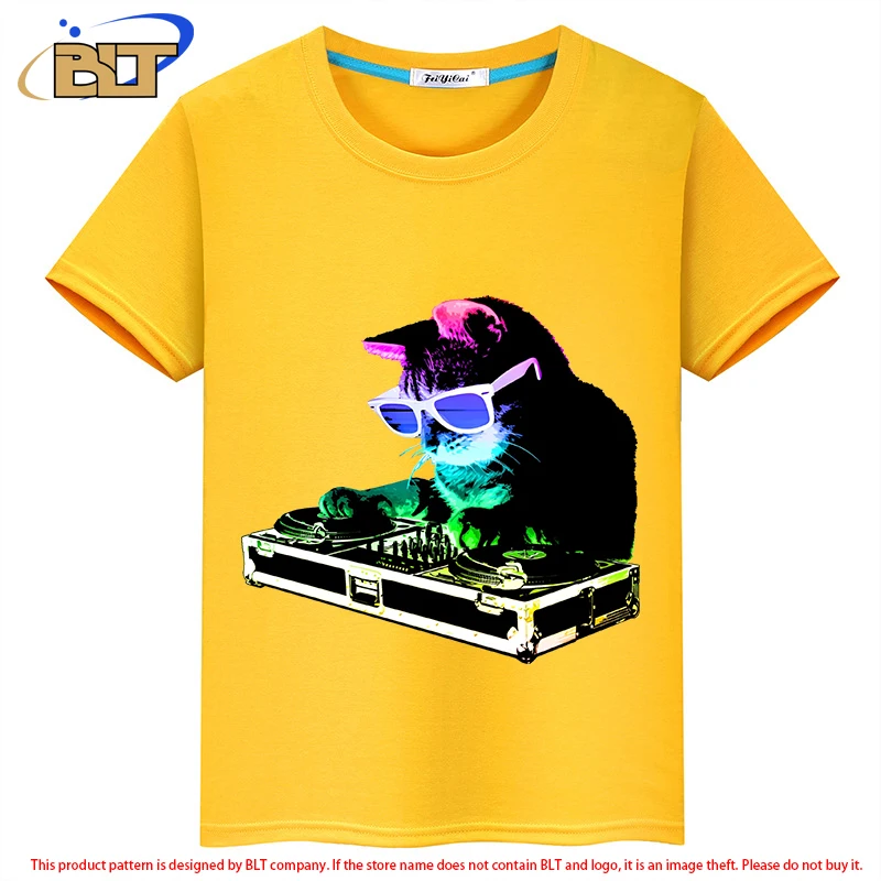 Camiseta con estampado de gatito de DJ para niños, tops casuales de manga corta para niños y niñas, arcoíris, Verano