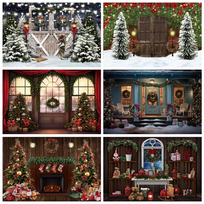 Christmas Backdrop Christmas Barn Wood Door Photography Backdrop Xmas Tree Snow Gift Party Photo Background Family Holiday Decor