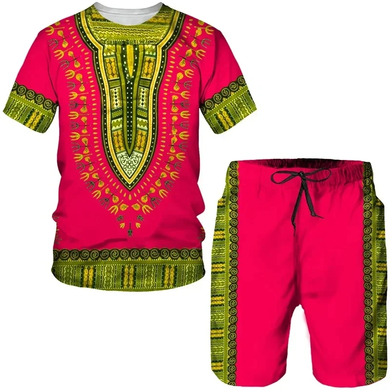 Men\'s African Print T-Shirt Suit Traditional Dashiki Ethnic Style Clothing Retro Streetwear T-Shirt Suit and Shorts Sportswear