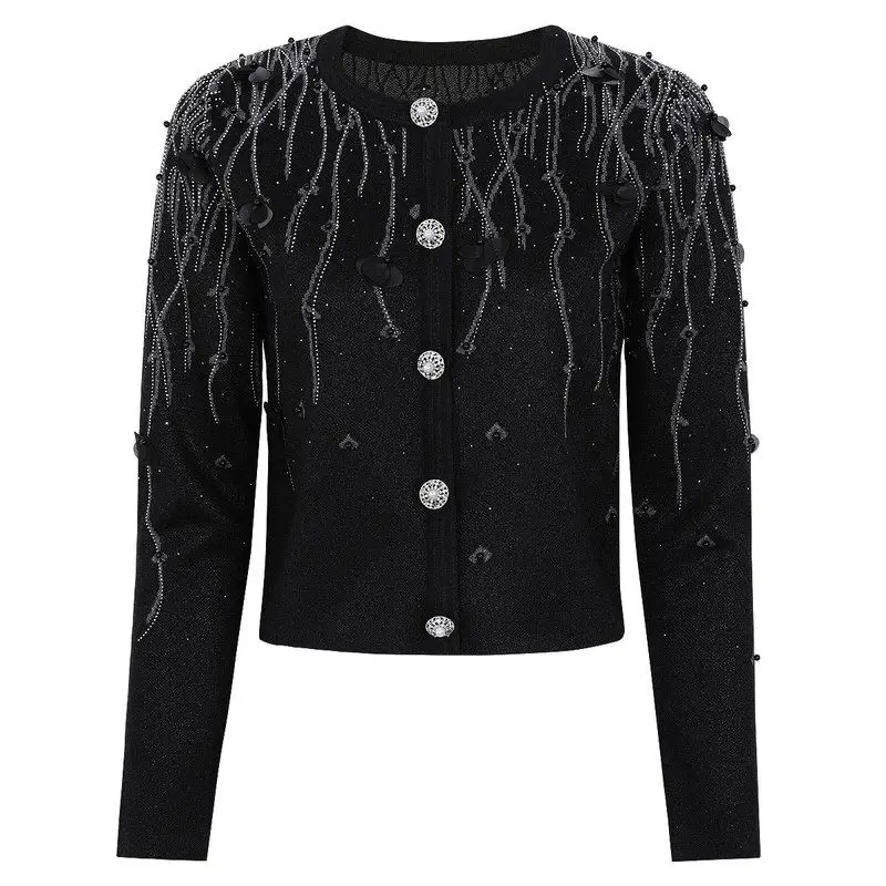 

High Quality Fashionable Knitted 3D Flower Heavy Rhinestone Women's Top Open Cardigan Outerwear Elegant Spring Autumn New Style
