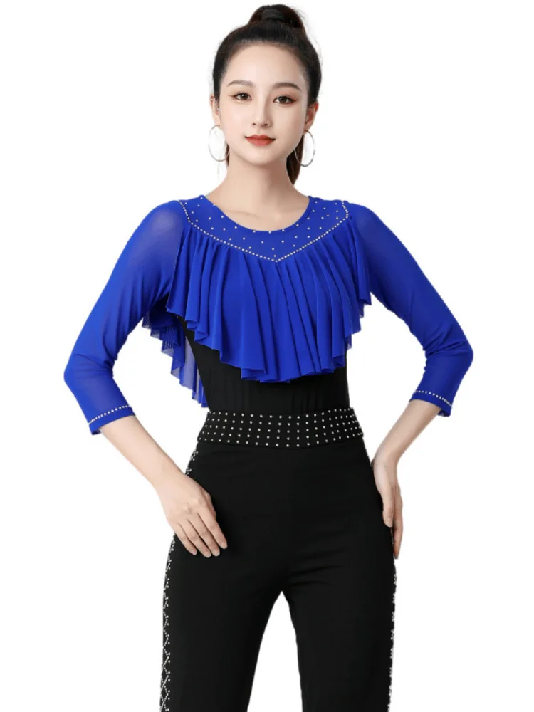 Ruffles Ballroom Dance Competition Top da sera Strass Jazz Slim Fit Linea standard Costume Camicia da valzer da donna latina di lusso
