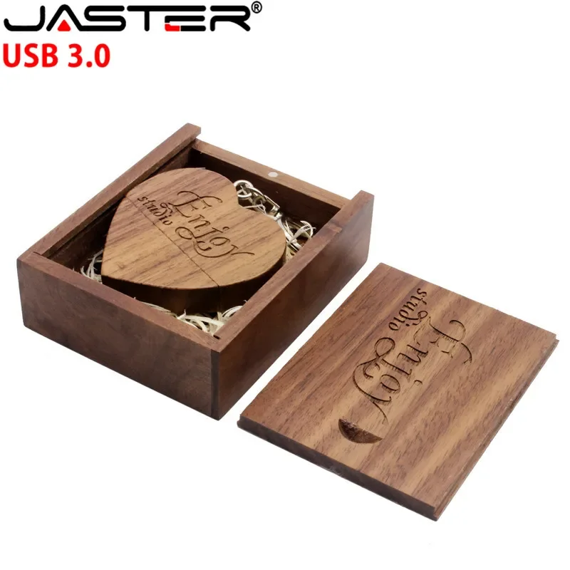 JASTER USB 3.0 Wooden heart USB Flash Drive + Packing Box pendrive 4GB 8GB 16GB 32GB LOGO customized photography wedding gift