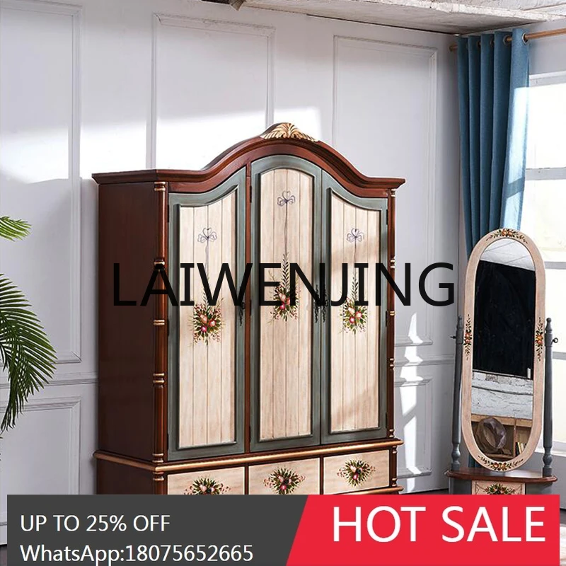 

Solid Wood Wardrobe Three-Door Home Bedroom Wardrobe Country Style Painted Retro Distressed