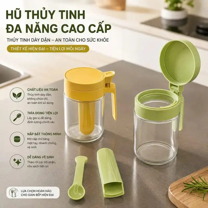 Food Grade Soda Lime Glass Seasoning Jars Flip Lid Built In Measuring Spoon Kitchen Storage Container