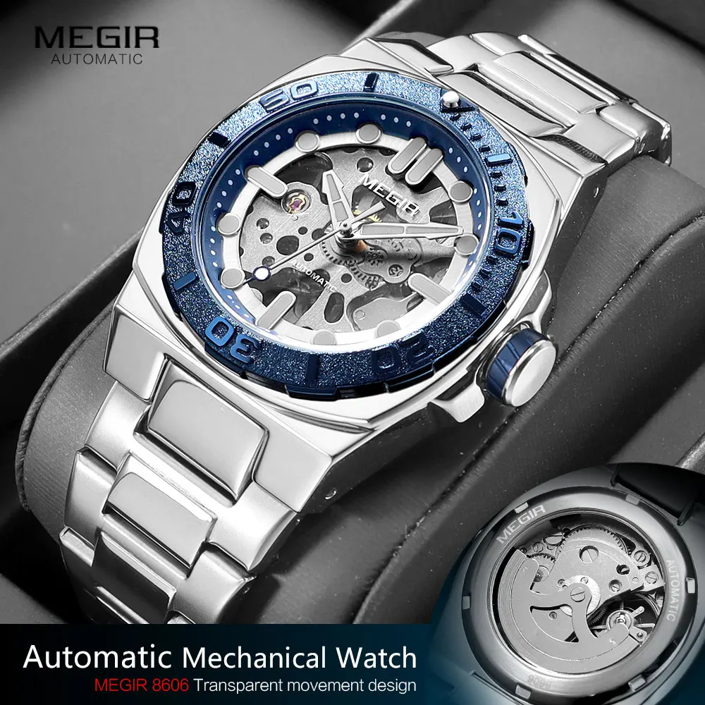 MEGIR Business Style Watch for Men Fashion Automatic Mechanical Wristwatch with Transparent Skeleton Dial & Stainless Steel Band