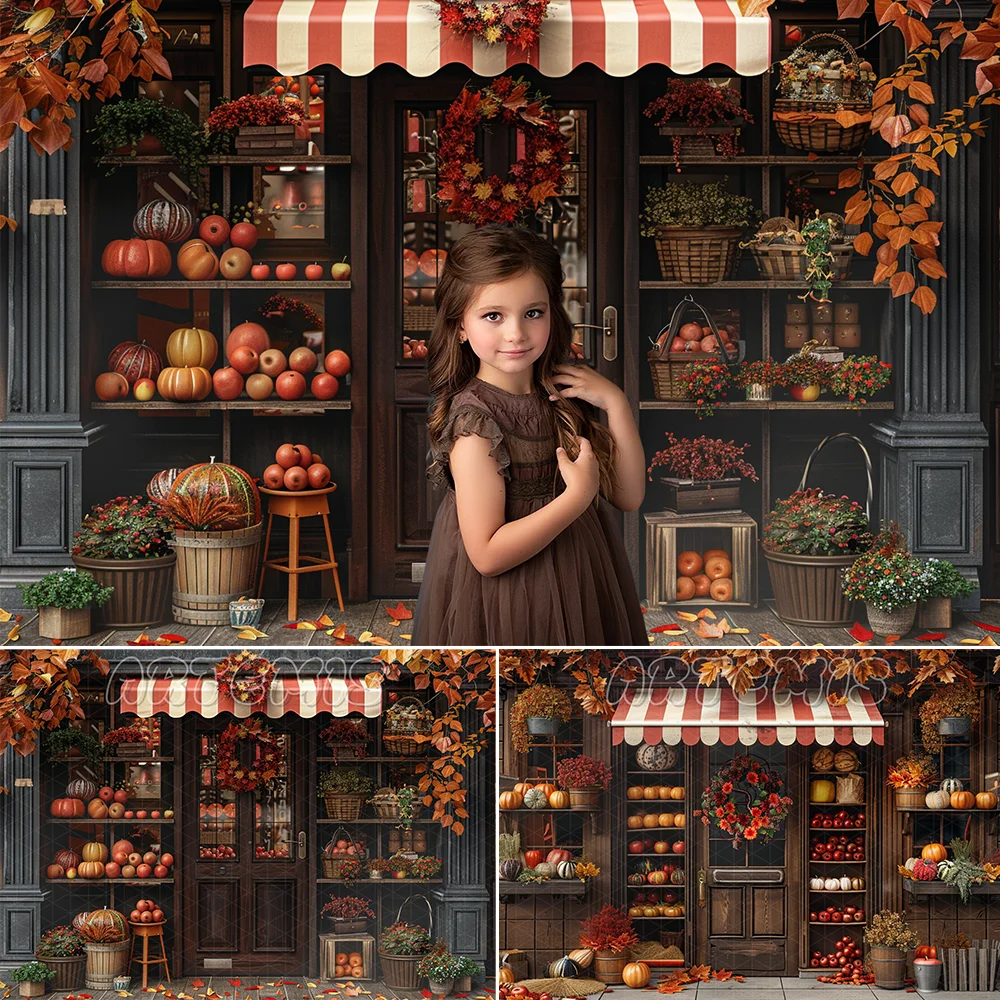 Vintage Autumn Shop Backdrop Brown Wood Door Awning Shelves Apples Pumpkins Golden Wheat Fall Background Photo Studio Photocall