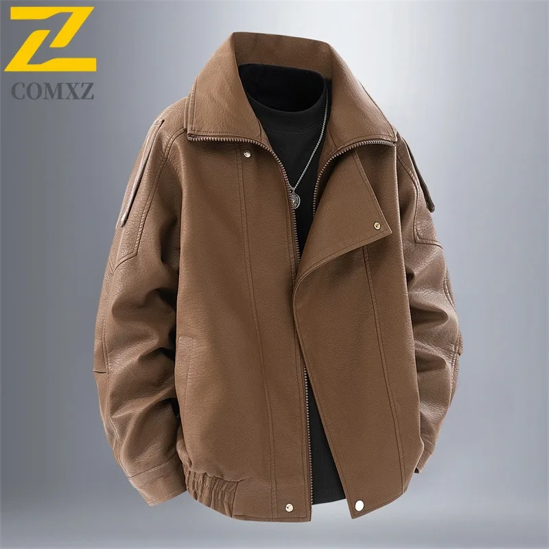 

COMXZ American Style Mens Leather Jacket Casual Stand Collar Motorcycle Coat Casual Outdoor Cycling Lightweight Autumn Coats