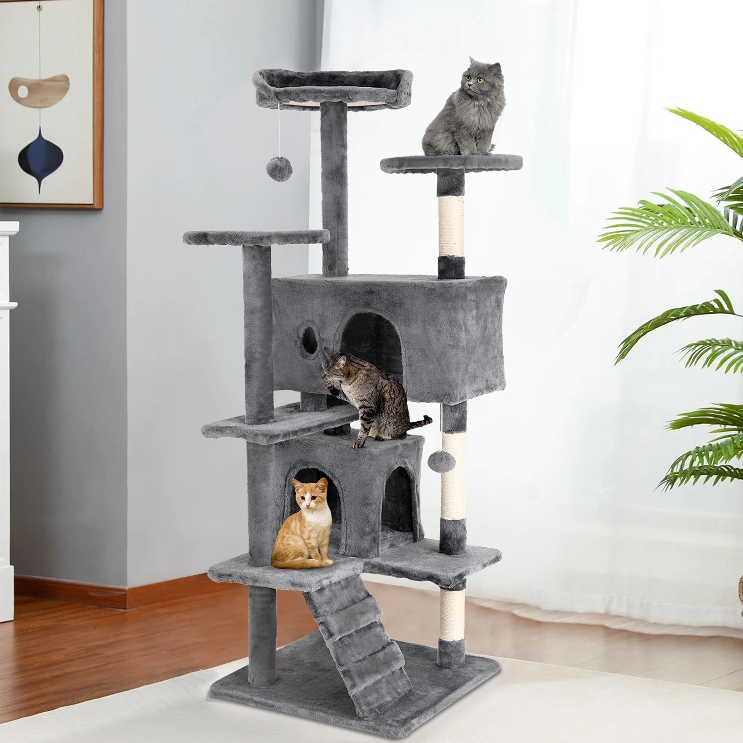 Cat Tree 54/70 Inch Cat Tower Cat Condo with Sisal-Covered Scratching Posts Dangling Ball for Cats to Play and Sleep
