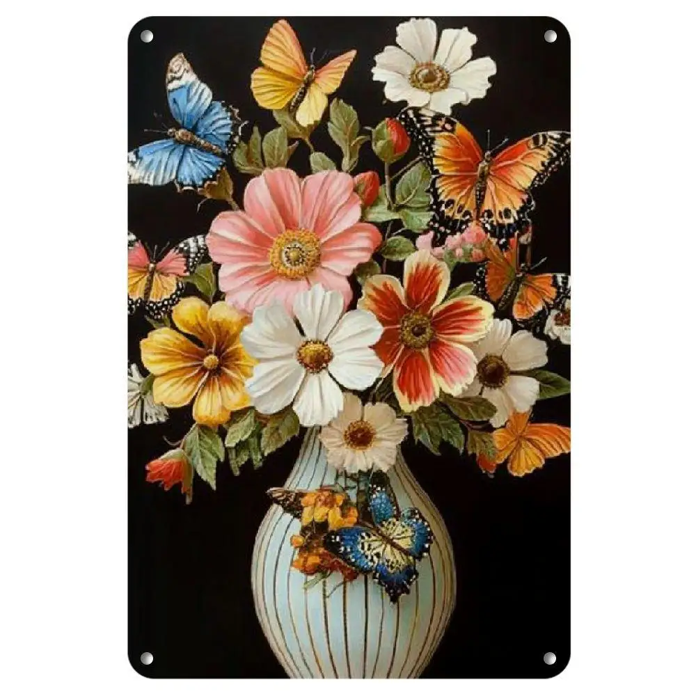 Rustic Butterfly and Flower Iron Painting Frameless Iron Painting - Vintage Home Wall Decoration Handmade Art Set Waterproof