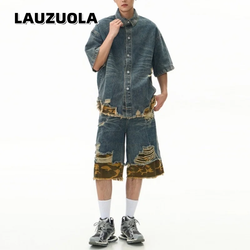 Men's Distressed Ripped Denim Short Sleeve Shirt Shorts Set 2 Piece Summer Streetwear Vintage Camo Patchwork Washed Jean Outfits view 2
