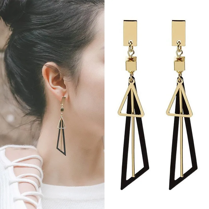 Korean Style Geometric Long Triangle Hollow Tassel Earrings Fashion Niche Design Internet Celebrity Versatile Earrings Clearance