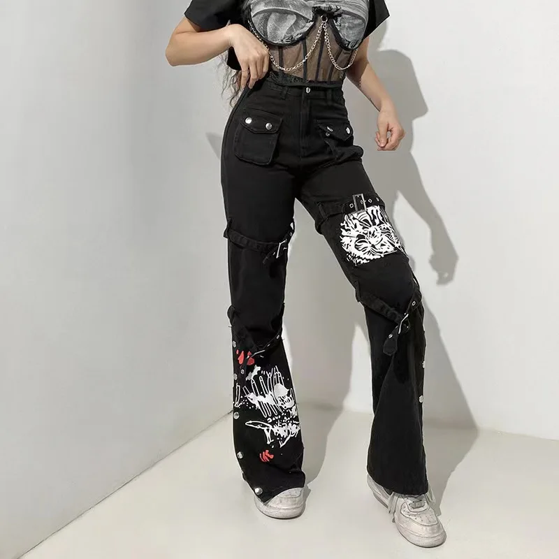 Women Jeans Denim Pants Long Pant Straight Trousers Print High Waist Button Pockets Y2k Mom Jeans Streetwear Simple Casual Loose