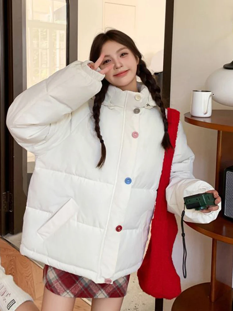 سترات شتوية نسائية أنيقة وردية فضفاضة بأكمام طويلة وأزرار ملونة معطف منتفخ حلو على الموضة الكورية سترة سميكة ودافئة على طراز بريبي #5