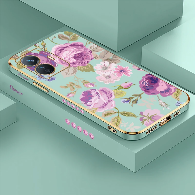 Funda de teléfono con protección de lente para Vivo U10 U20 T1 Pro T1 5G Z1X Z1i Z5i Z3 Z3X Z3i U3, funda con estampado de flores chapada en silicona suave