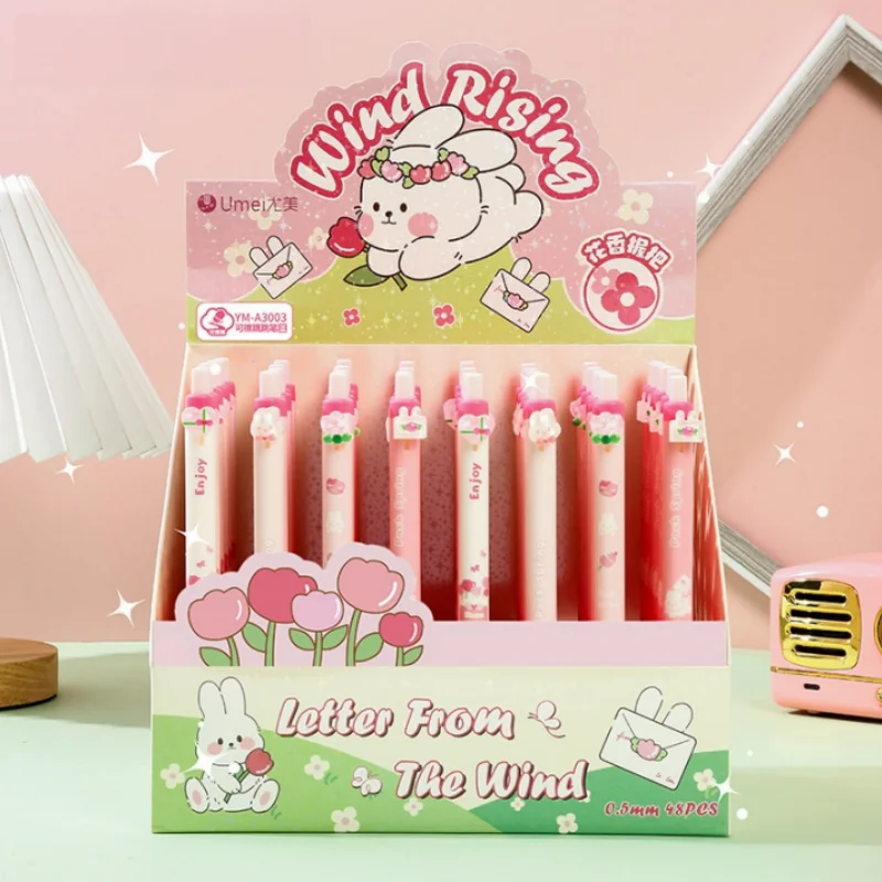 

48pcs/lot Kawaii Flower Rabbit Erasable Gel Pen Cute 0.5mm Blue Ink Signature Pens Office School Supplies