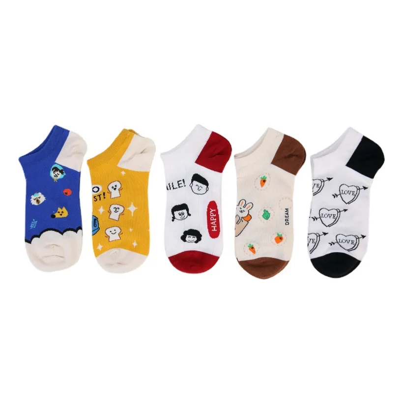 5Pairs/Pack Cartoon Funny Combed Cotton Woman Socks Rabbit Portrait Heart Cute Kawaii Women Boat Socks Sox Slippers Lot