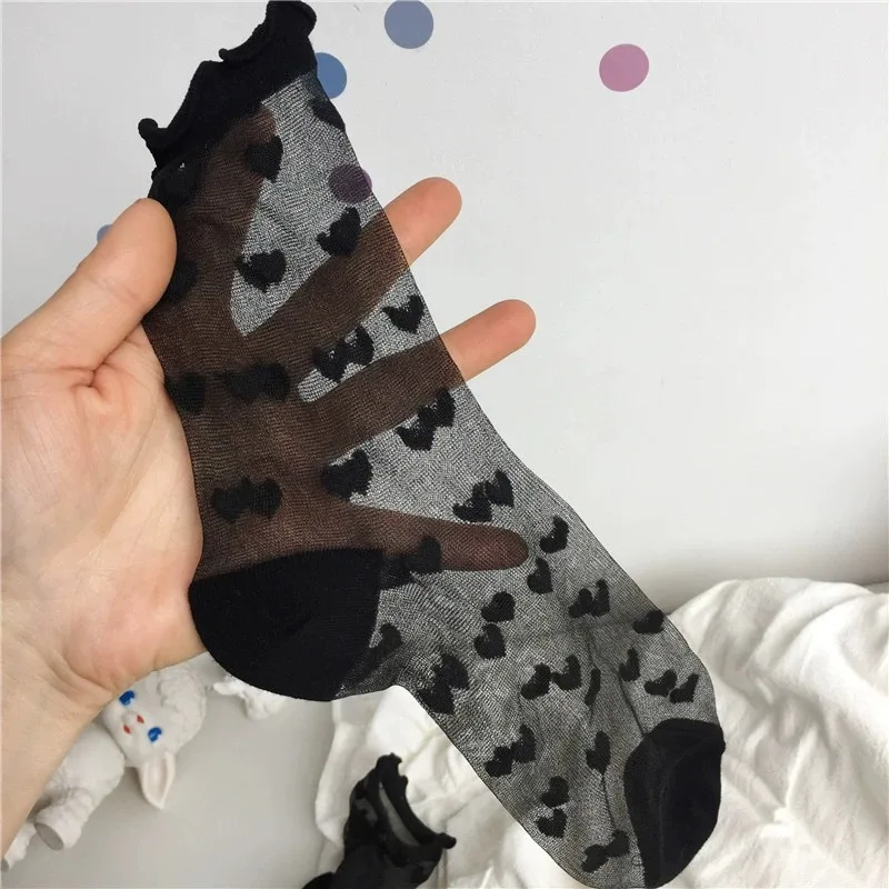 Black Heart Socks Women Girls Transparent Summer Ultrathin Silk Stocking Elastic Crystal Nylon Short Ankle Sox Ruffled Lace Sox