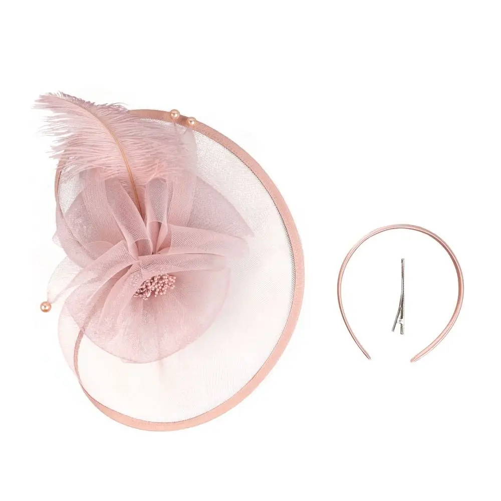 

Cocktail Party Exquisite Mesh Feather Headband Pearl Sweet Bride Headdress Formal Hat Hair Hoop Masquerade Hair Band Photography