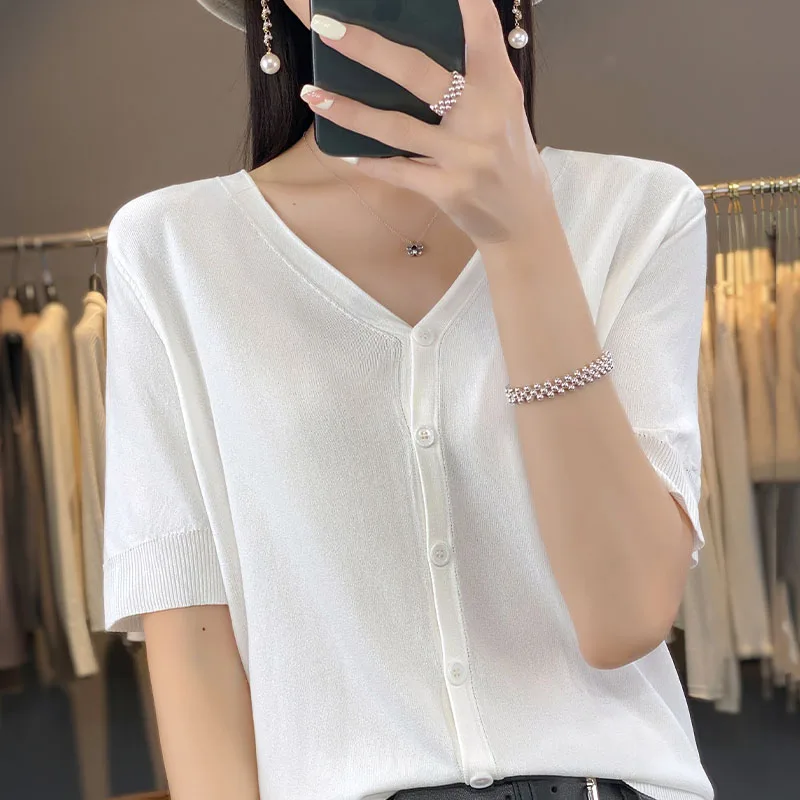 Spring And Summer New Ice Silk Cardigan Short Sleeve V-Neck Joker Loose Thin T-Shirt Sweater Bottoming Shirt Top