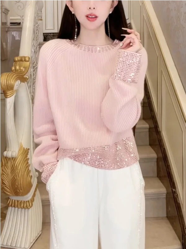 Early Autumn Gentle Wind Design Knitted Top Women's Waist-Cinching Slimming Long Sleeve Hollow out Hook Flower Knitwear