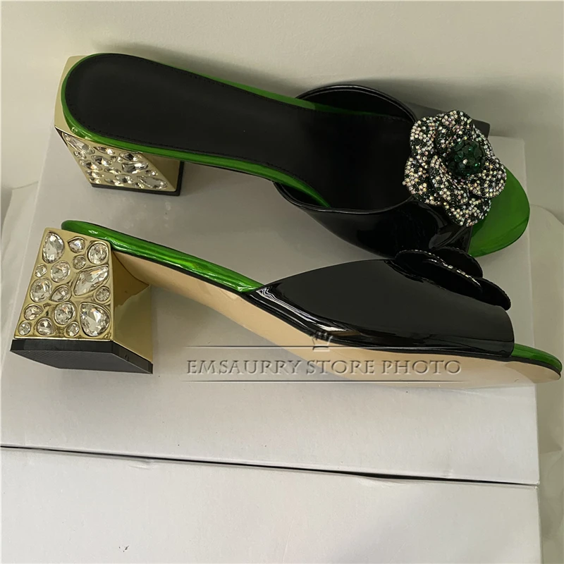 Crystal Rhinestone Flower Sandals Women Luxury Patent Leather Slingbacks Diamond Jeweled Square Heel Summer Shoes