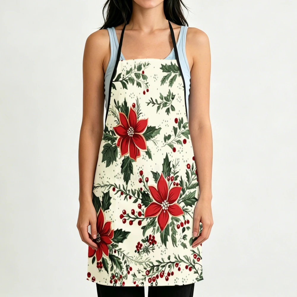 Vintage Floral Apron Red Poinsettia Berry Print Kitchen Aprons Cooking Baking Gardening Protective Wear Adjustable Bibs