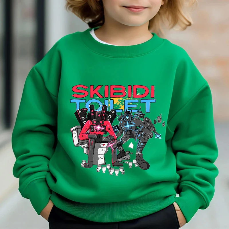 Toddler Boys Sweatshirts Skibidi Toilet Pattern Long Sleeve Pullover Girls Crewneck Tops Funny Cartoon Graphic Hoodie Kids Shirt