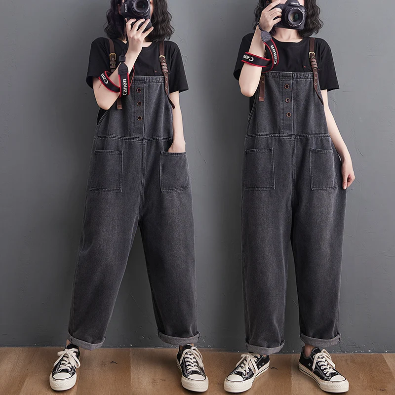 

Denim Jumpsuit For Women Spring Autumn Grey Loose Jean Overalls Baggy Suspender Wide Leg Rompers All Match Trousers