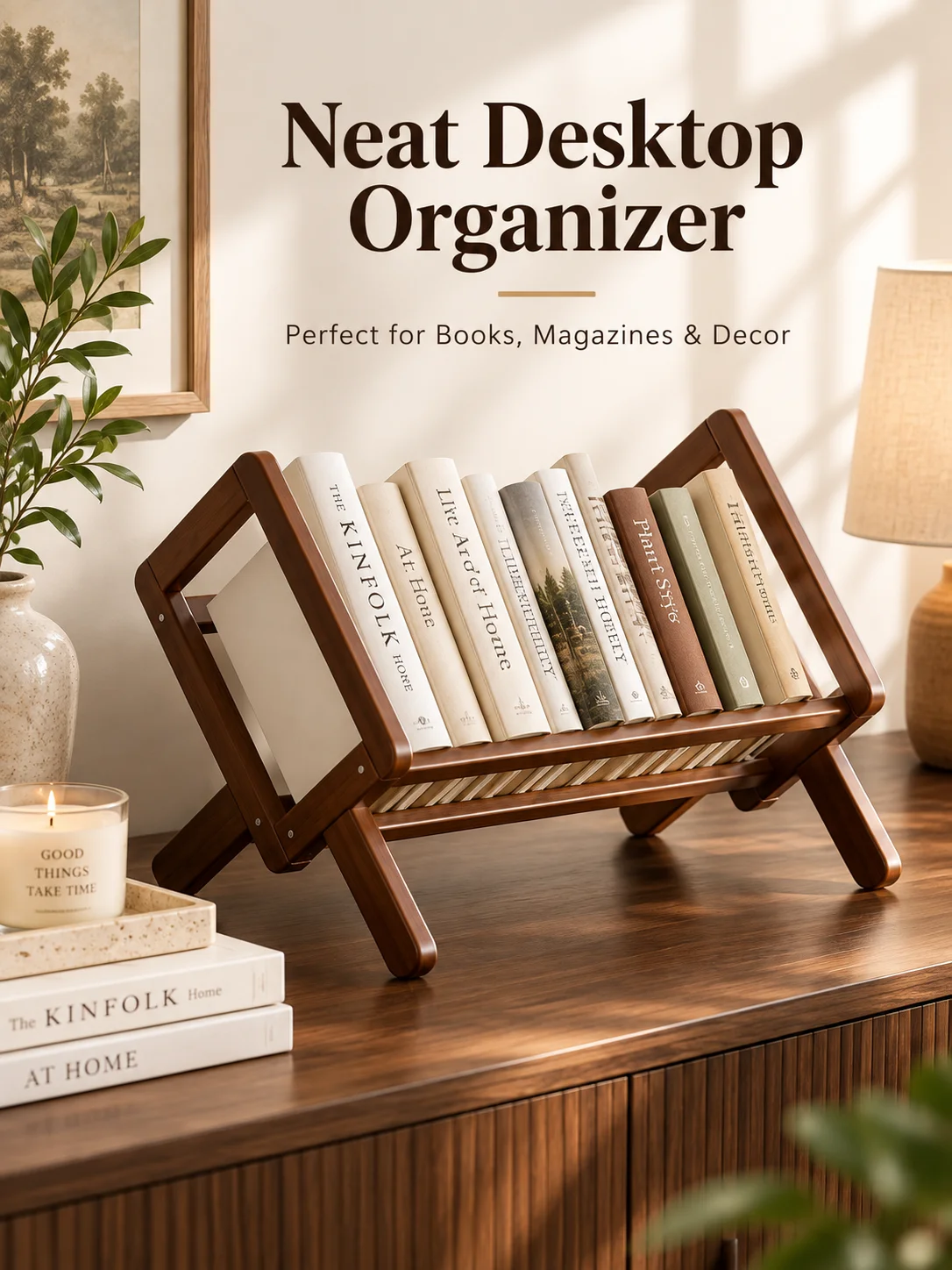 Nan Bamboo Desktop Book Rack, Foldable X-Frame Book Organizer, Tabletop Magazine Storage Shelf for Home Office