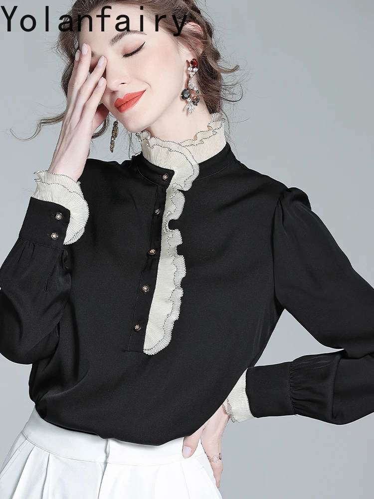 YOLANFAIRY 95% chemisiers en soie de mûrier véritable pour femme automne élégant chemises à manches longues femme Chic haut noir chemisier de Style coréen